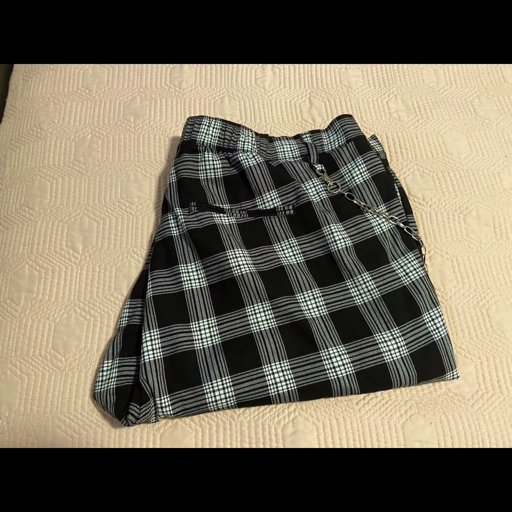 Grey Plaid Pants with Detachable Chain